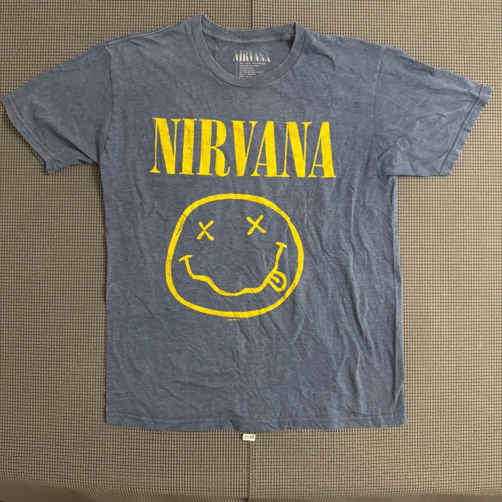 Nirvana Smiley Face Graphic T-Shirt Blue Heathered Mens Medium RN 116012
